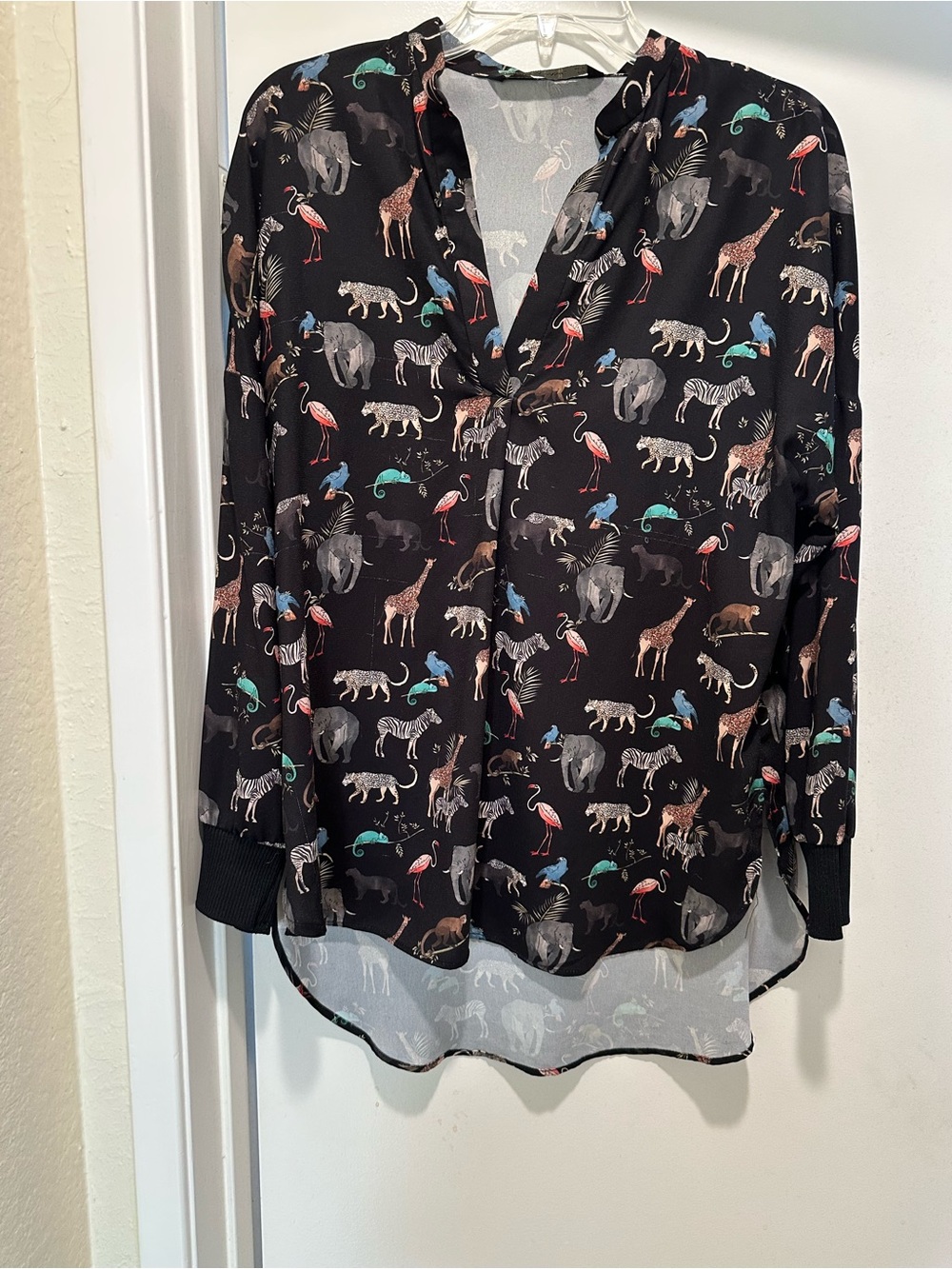 Zara Black Multicolor Animal Print Long-Sleeve Blouse Size Medium